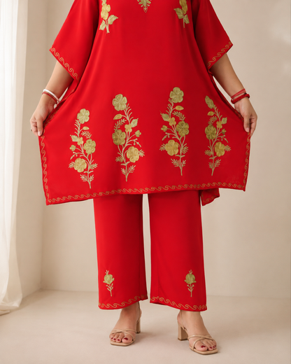 Red Aari Work Kaftan Set - Koshur Summer 4