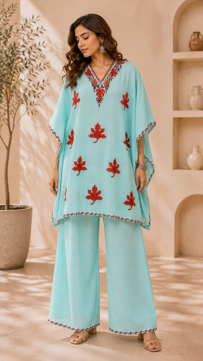 Cyan Aari Work Kaftan Set - Koshur Summer 1