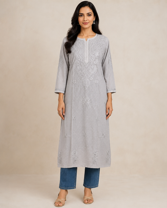 Silver Chikankari Long Kurta – Nawabi Summer