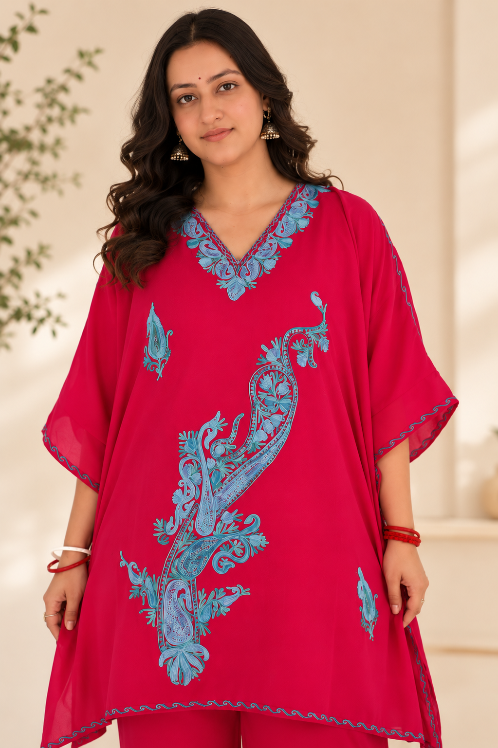 Rani Pink Aari Work Kaftan Set - Koshur Summer 2