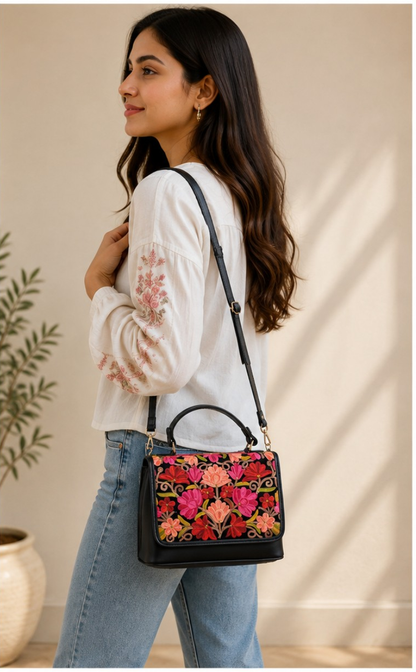 Black Red Aari Work Top Handle Handbag — embroidery detail