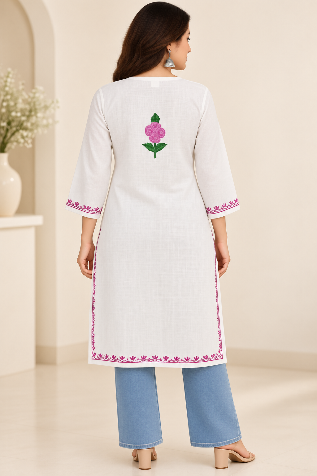 White Green Aari Work Long Kurti – Summer Tops