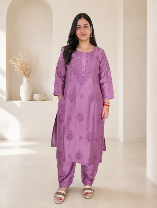 Purple Chikankari Cord Set – Nawabi Summer, front view