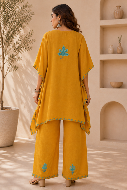 Mustard Green Aari Work Kaftan Set - Koshur Summer 3