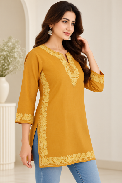 Mustard Yellow Aari Work Short Kurti – Summer Tops