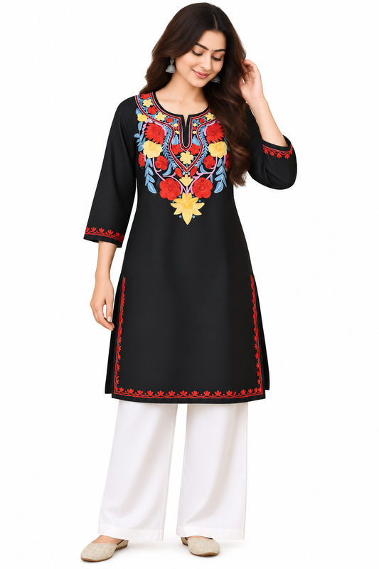 Black Red Yellow Aari Work Long Kurti – Summer Tops