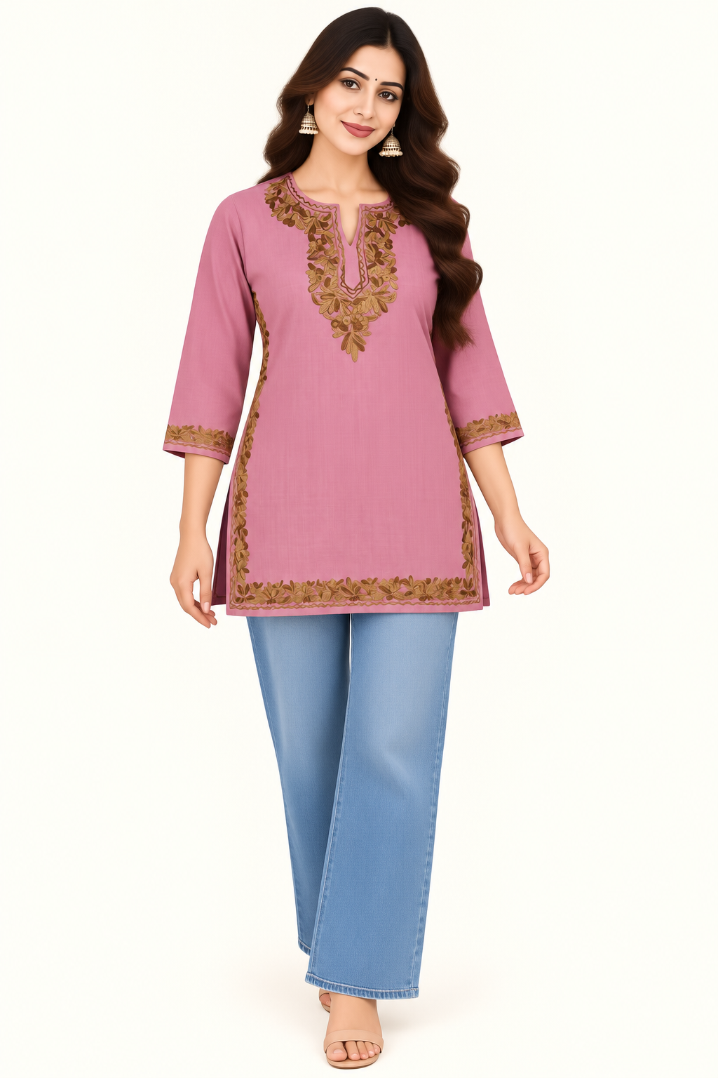 Pink Aari Work Short Kurti – Summer Tops