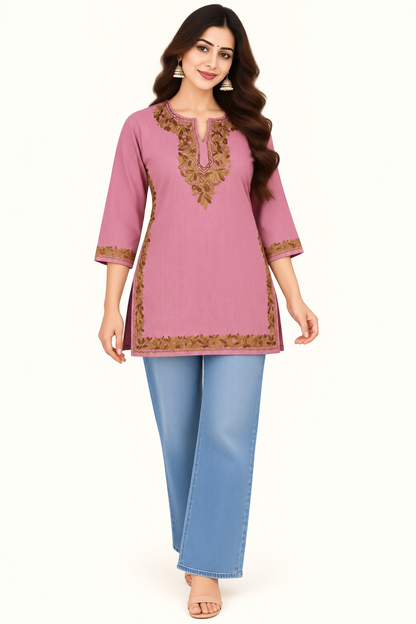 Pink Aari Work Short Kurti – Summer Tops