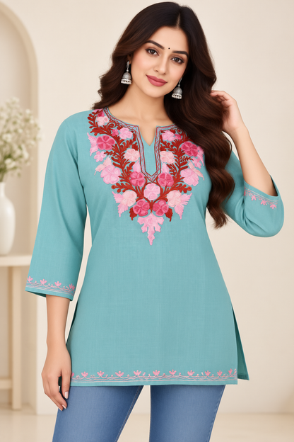 Sea Green Aari Work Short Kurti – Summer Tops