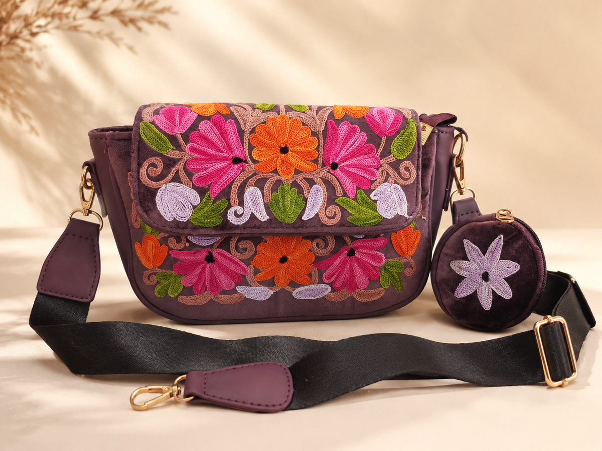Purple Aari Work Sling Bag — front view