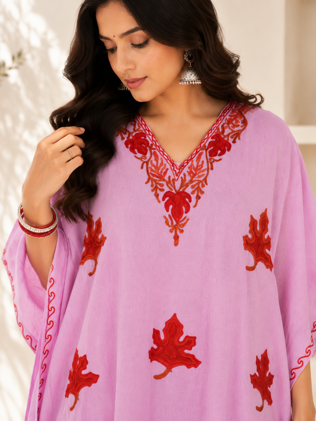 Pink Red Aari Work Kaftan Set - Koshur Summer 2