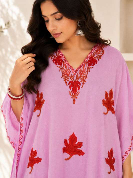 Pink Red Aari Work Kaftan Set - Koshur Summer 2