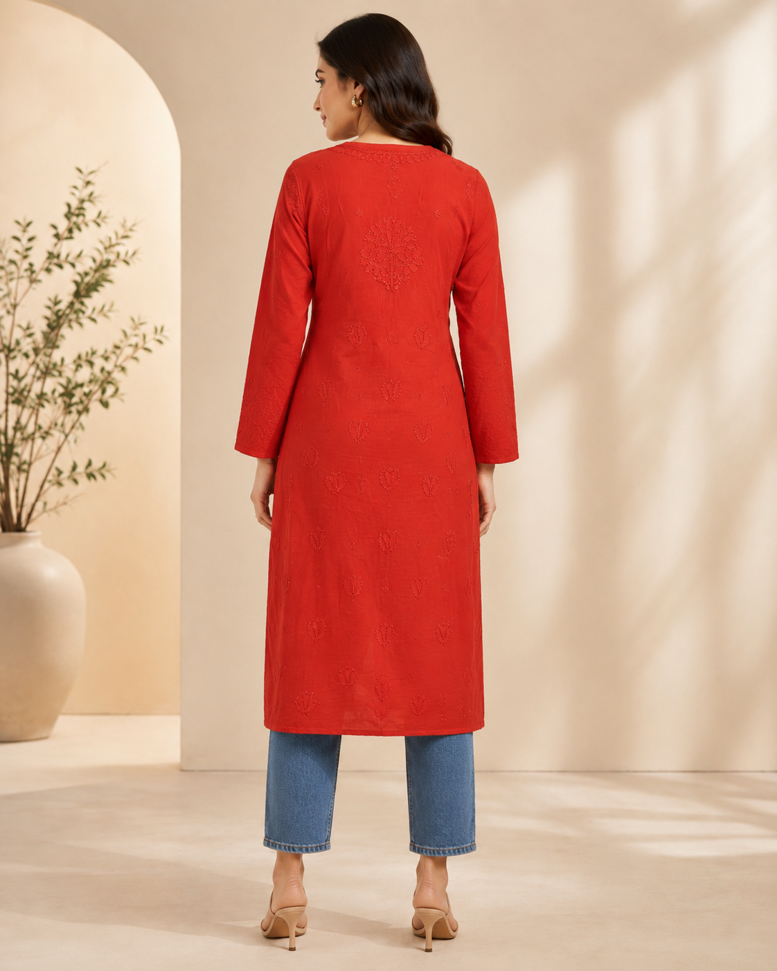 Red Chikankari Long Kurta – Nawabi Summer