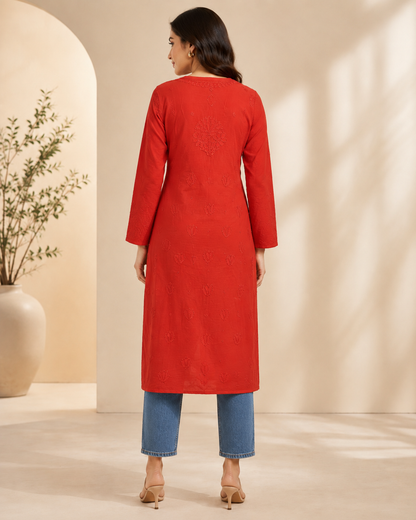 Red Chikankari Long Kurta – Nawabi Summer