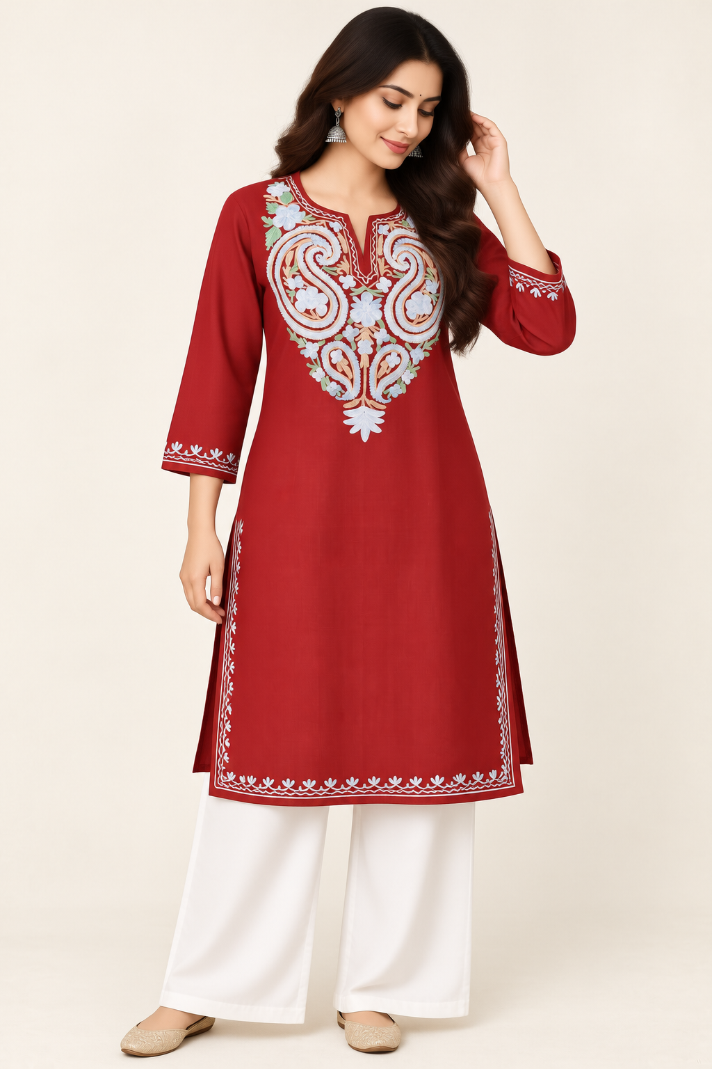 Red Green Aari Work Long Kurti – Summer Tops