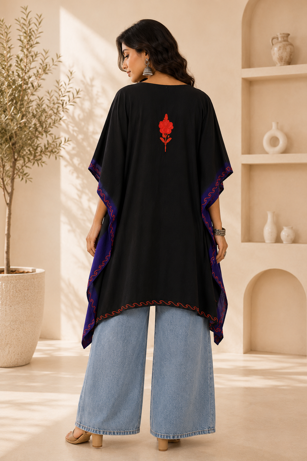 Black Blue Aari Work Kaftan - Koshur Summer 3