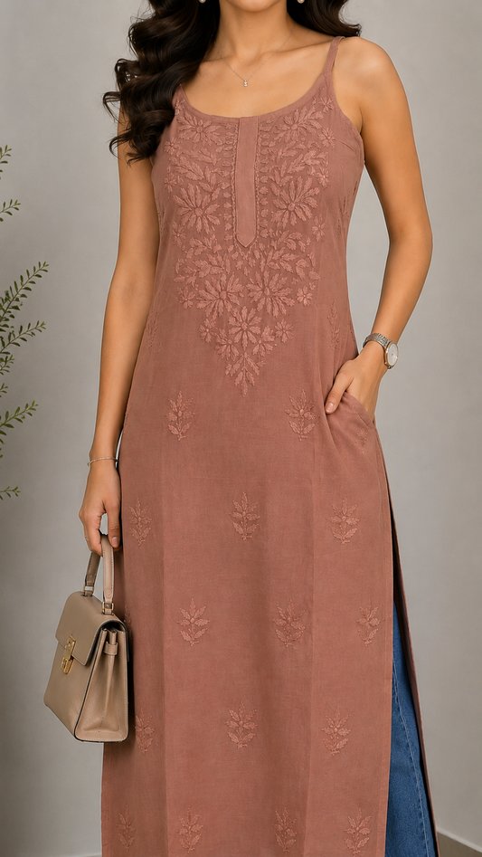Rust Chikankari Long Kurta – Nawabi Summer