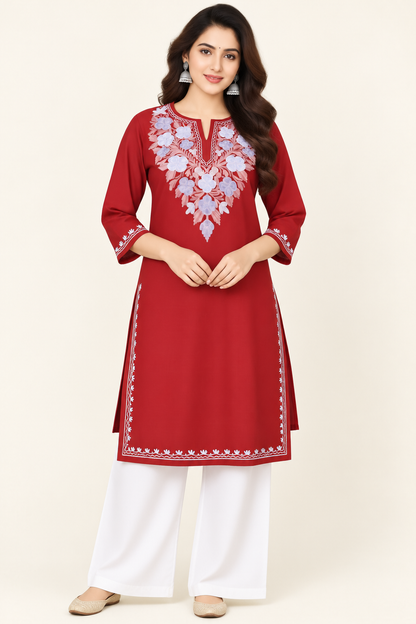 Red Purple Aari Work Short Kurti – Summer Tops