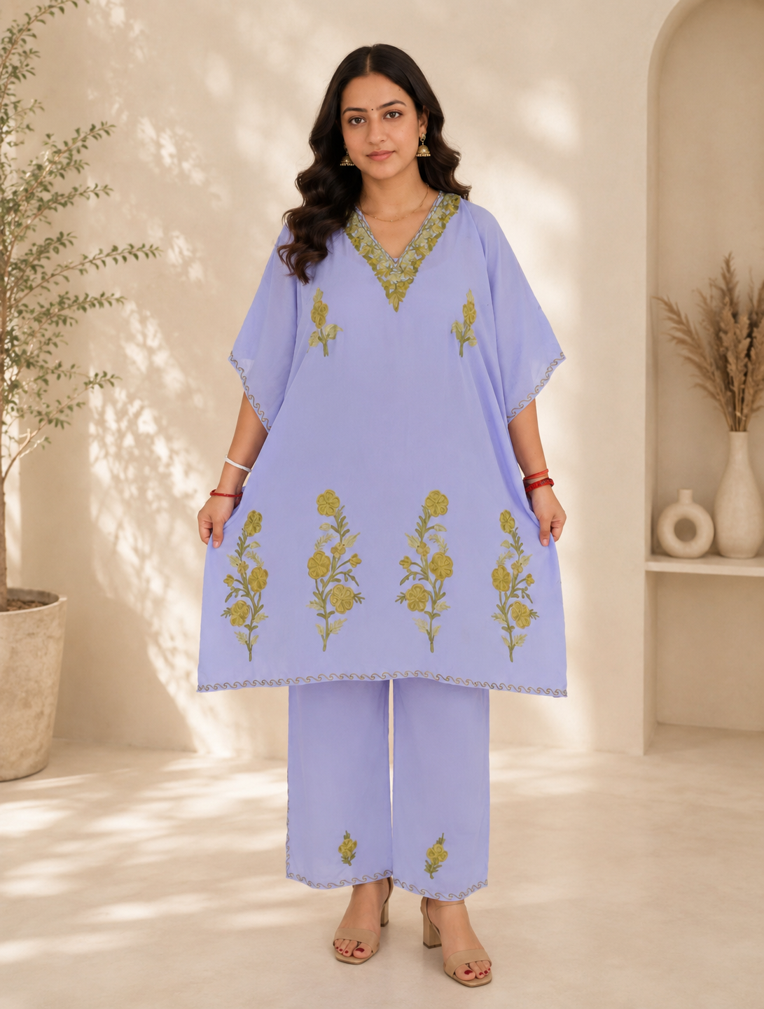 Purple Green Aari Work Kaftan Set - Koshur Summer 1