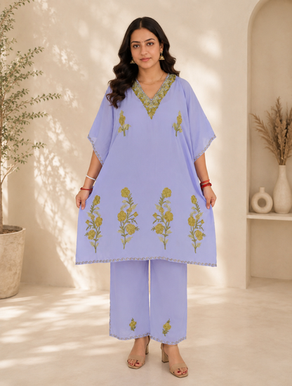 Purple Green Aari Work Kaftan Set - Koshur Summer 1