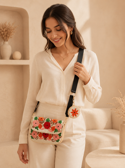 Beige Pink Aari Work Sling Bag