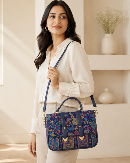 Indigo Kani Work Double Belt Handbag