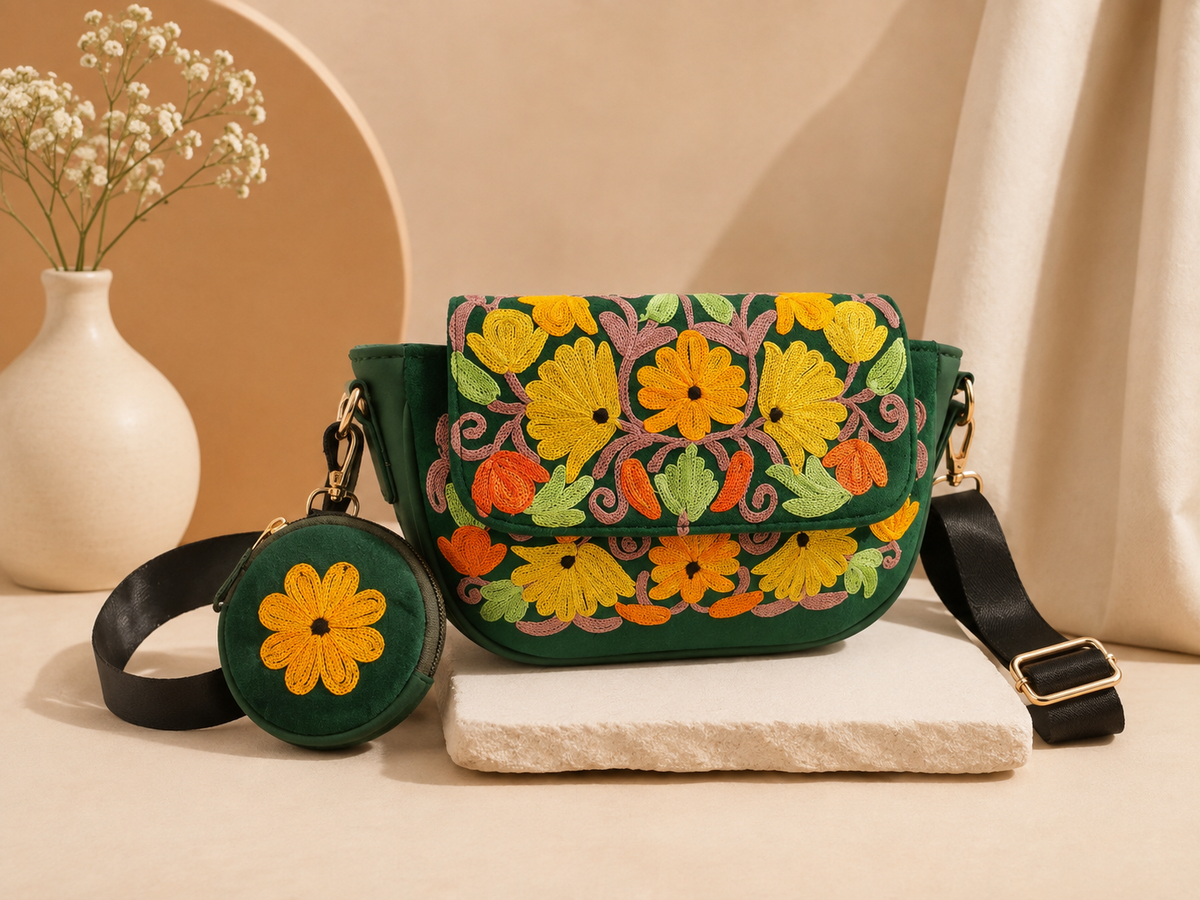 Forest Green Aari Work Sling Bag — front view