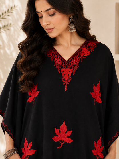Black Red Aari Work Kaftan Set - Koshur Summer 2