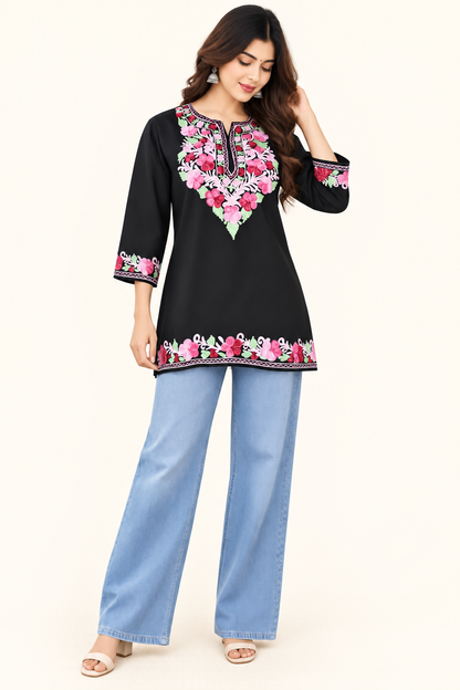 Black Pink Aari Work Short Kurti – Summer Tops
