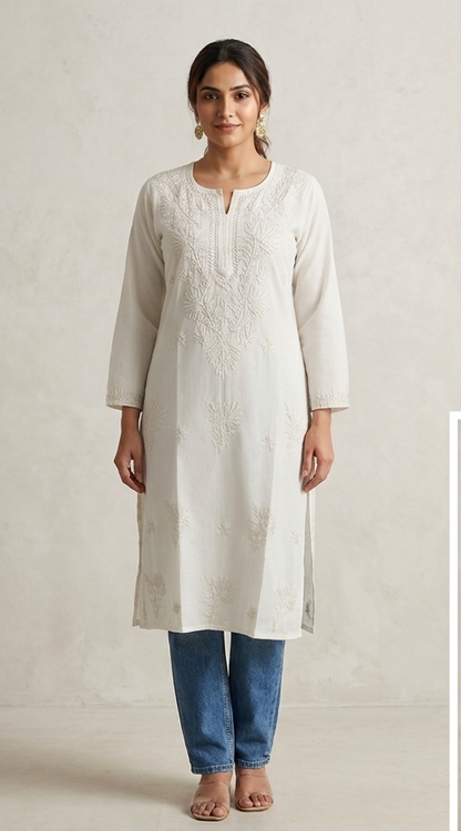 Nude Chikankari Long Kurta – Nawabi Summer, front view