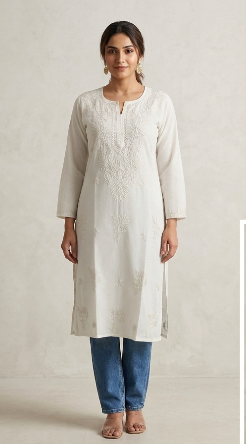 Nude Chikankari Long Kurta – Nawabi Summer, front view