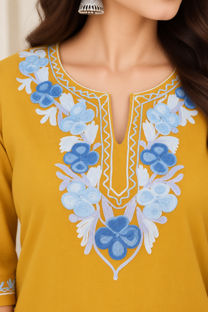 Mustard Blue Aari Work Short Kurti – Summer Tops