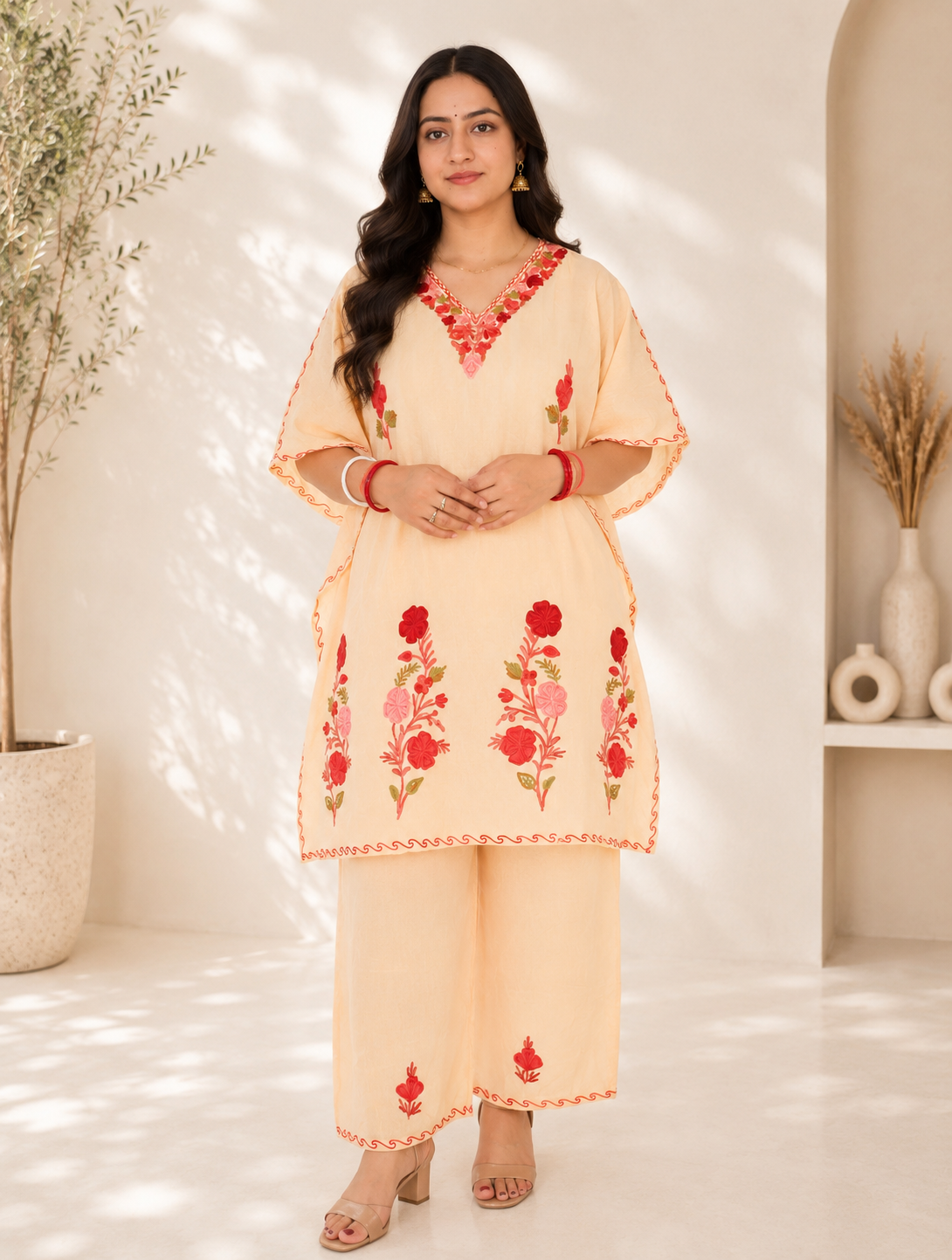 Nude Aari Work Kaftan Set - Koshur Summer 1