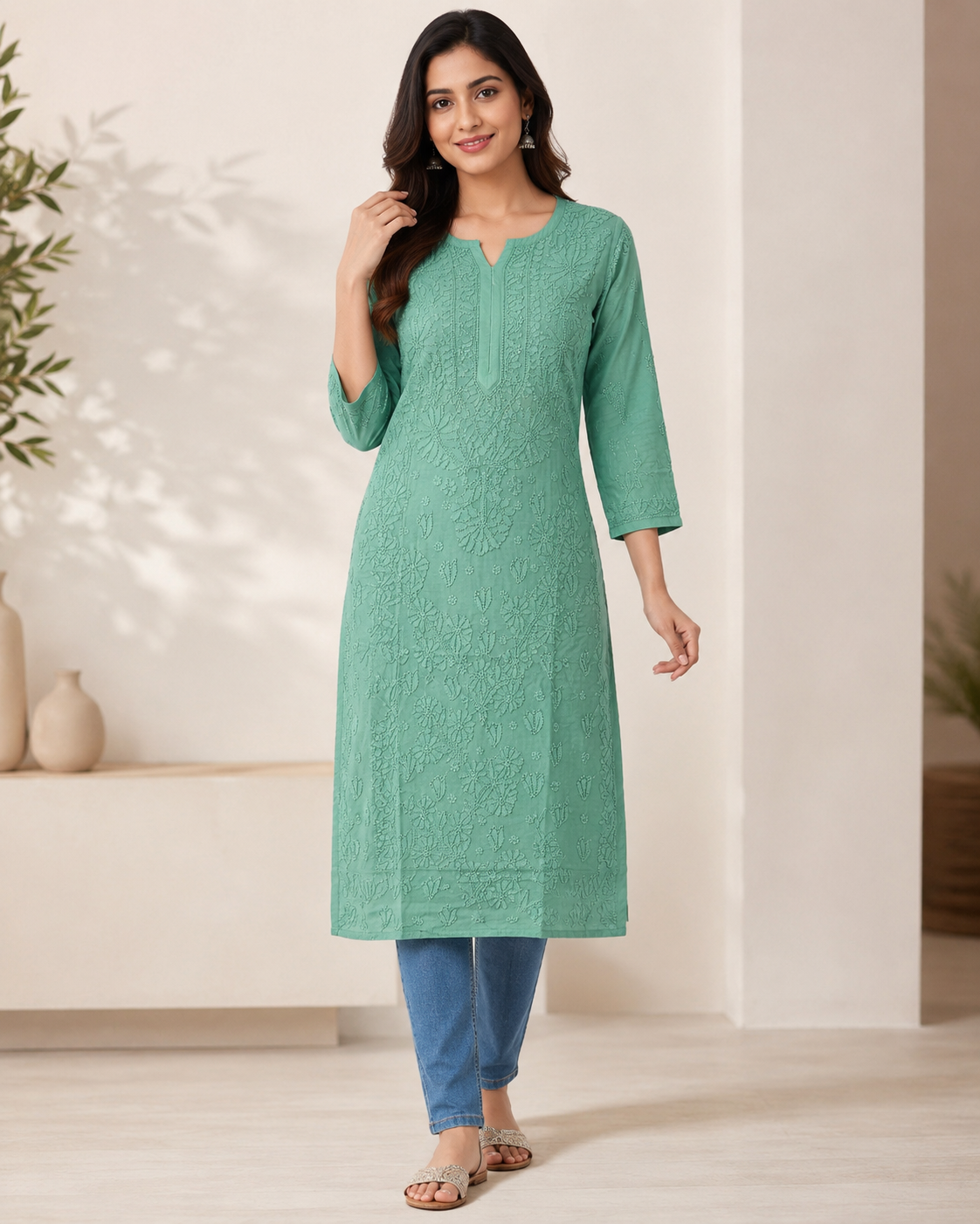 Green Chikankari Long Kurta – Nawabi Summer