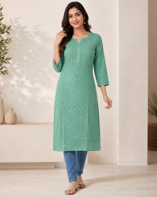 Green Chikankari Long Kurta – Nawabi Summer