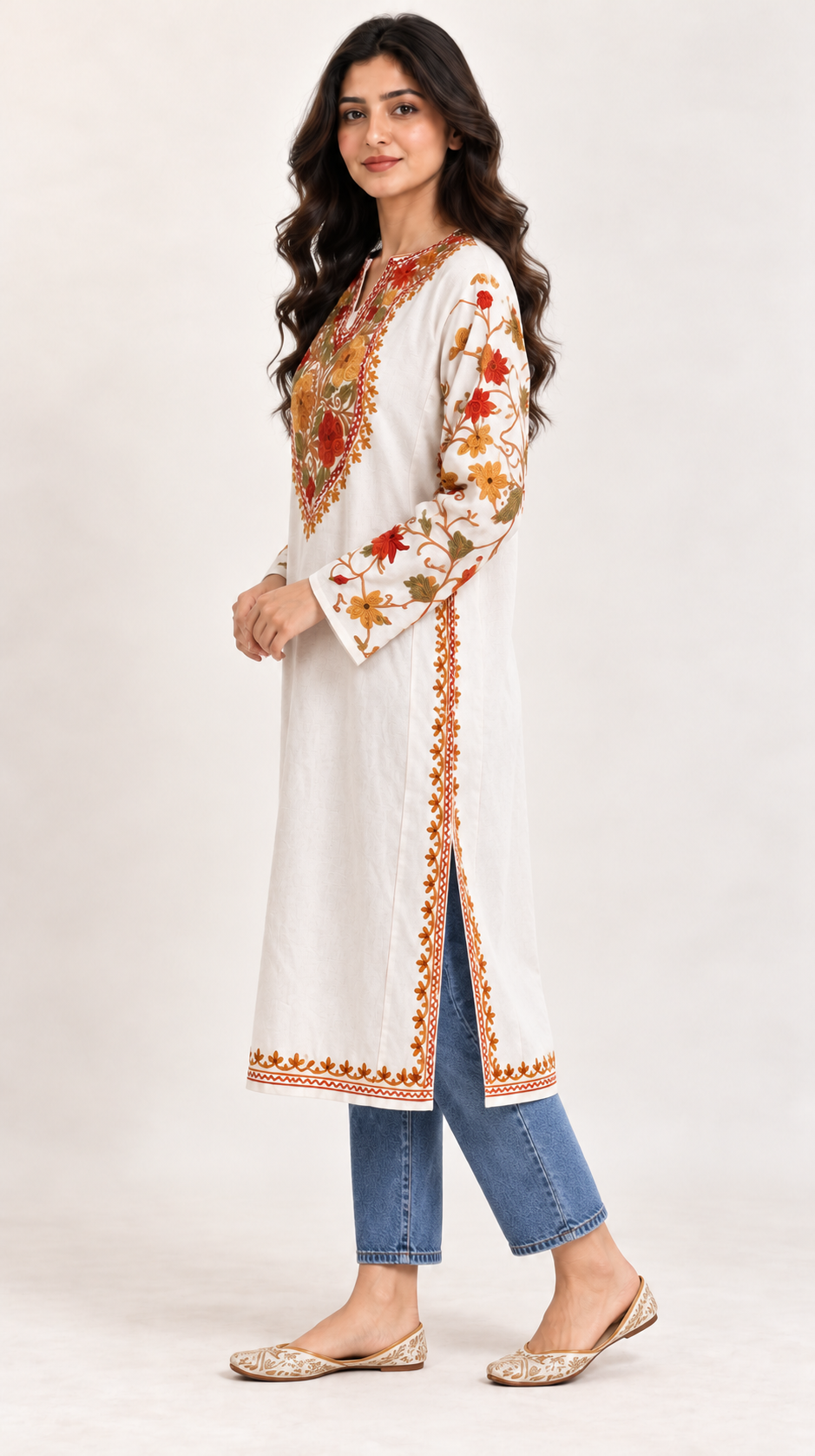 White Yellow Aari Work Pheran – Koshur Winter