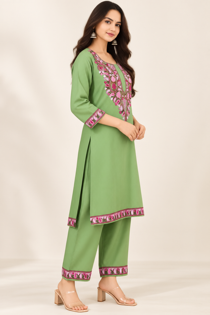 Green Aari work co-ord set in woolen — side view