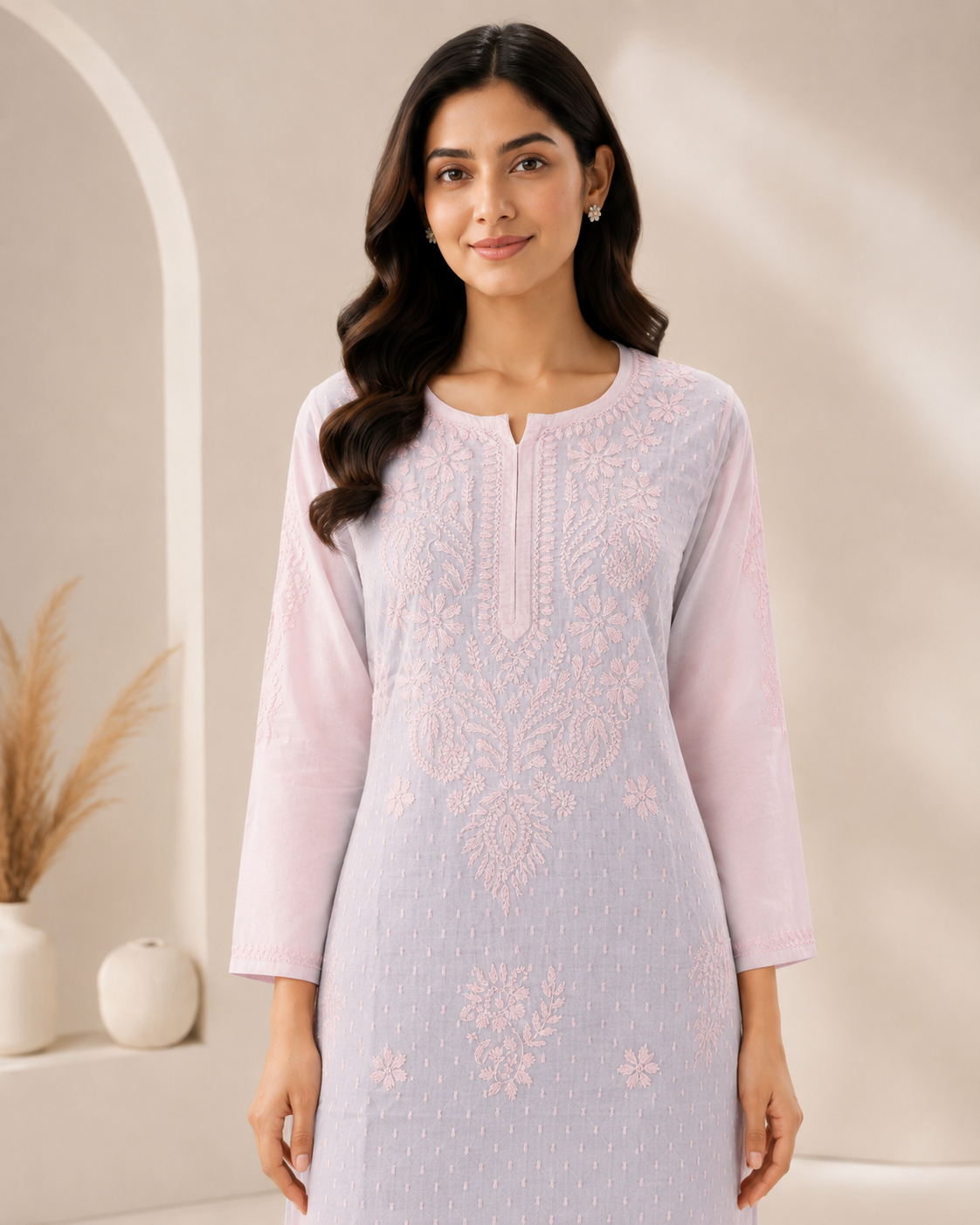 Baby Pink Chikankari Long Kurta – Nawabi Summer, detail view