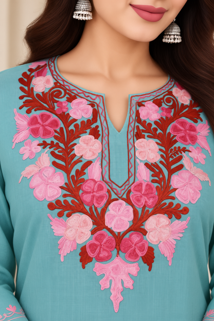 Sea Green Aari Work Short Kurti – Summer Tops