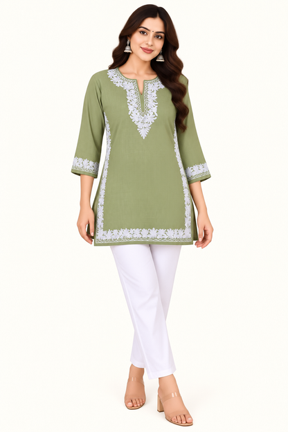 Olive Blue Aari Work Short Kurti – Summer Tops