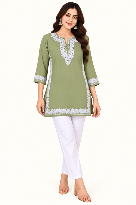 Olive Blue Aari Work Short Kurti – Summer Tops