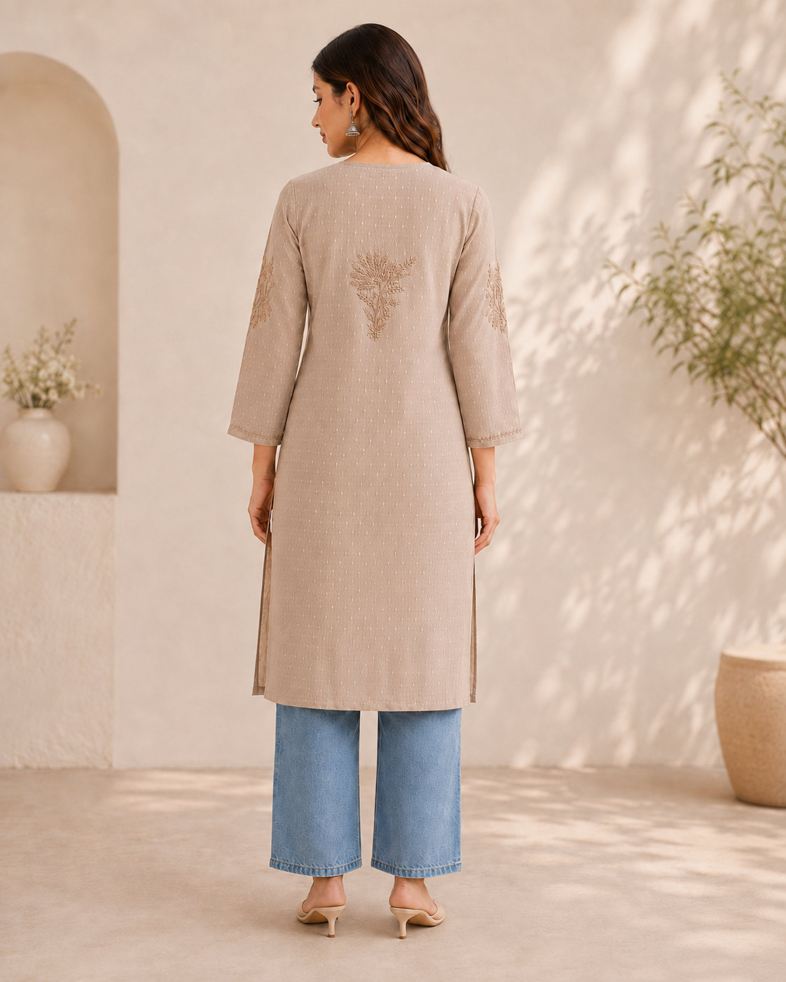 Khaki Chikankari Long Kurta – Nawabi Summer, additional view