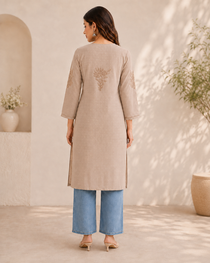 Khaki Chikankari Long Kurta – Nawabi Summer, additional view