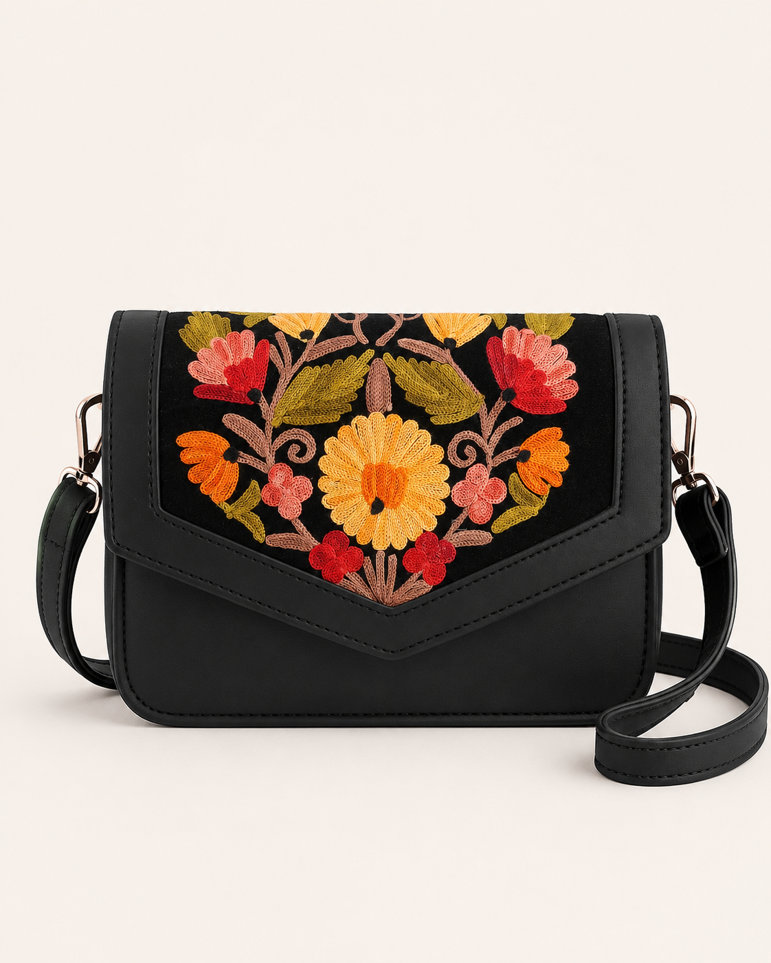 Black Yellow Aari Work Barfi Handbag