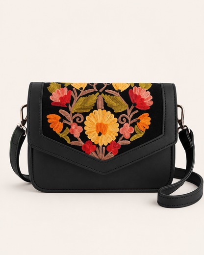 Black Yellow Aari Work Barfi Handbag