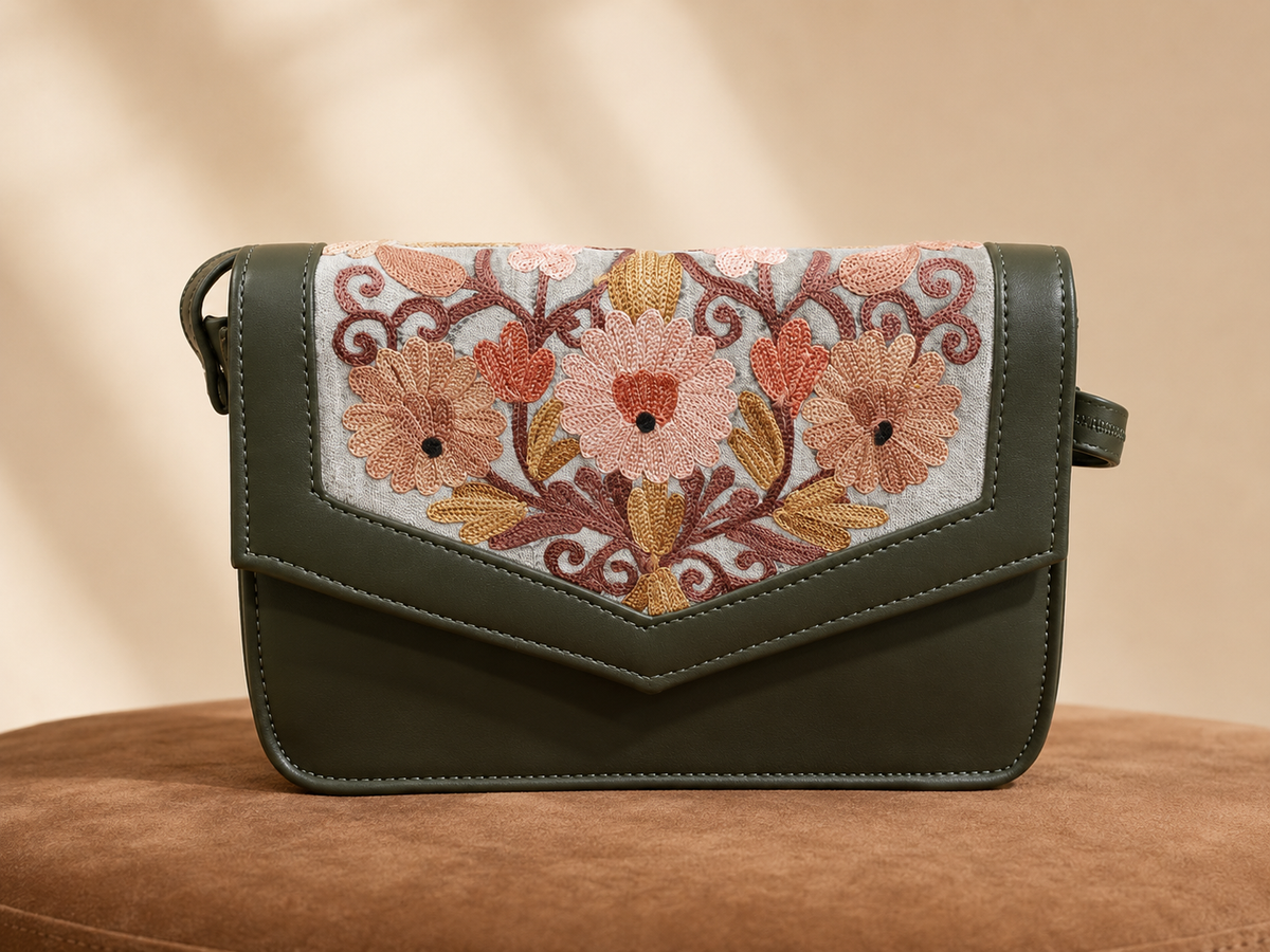 Forest Green Peach Aari Work Barfi Handbag