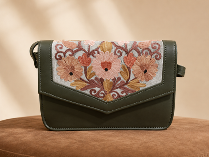 Forest Green Peach Aari Work Barfi Handbag