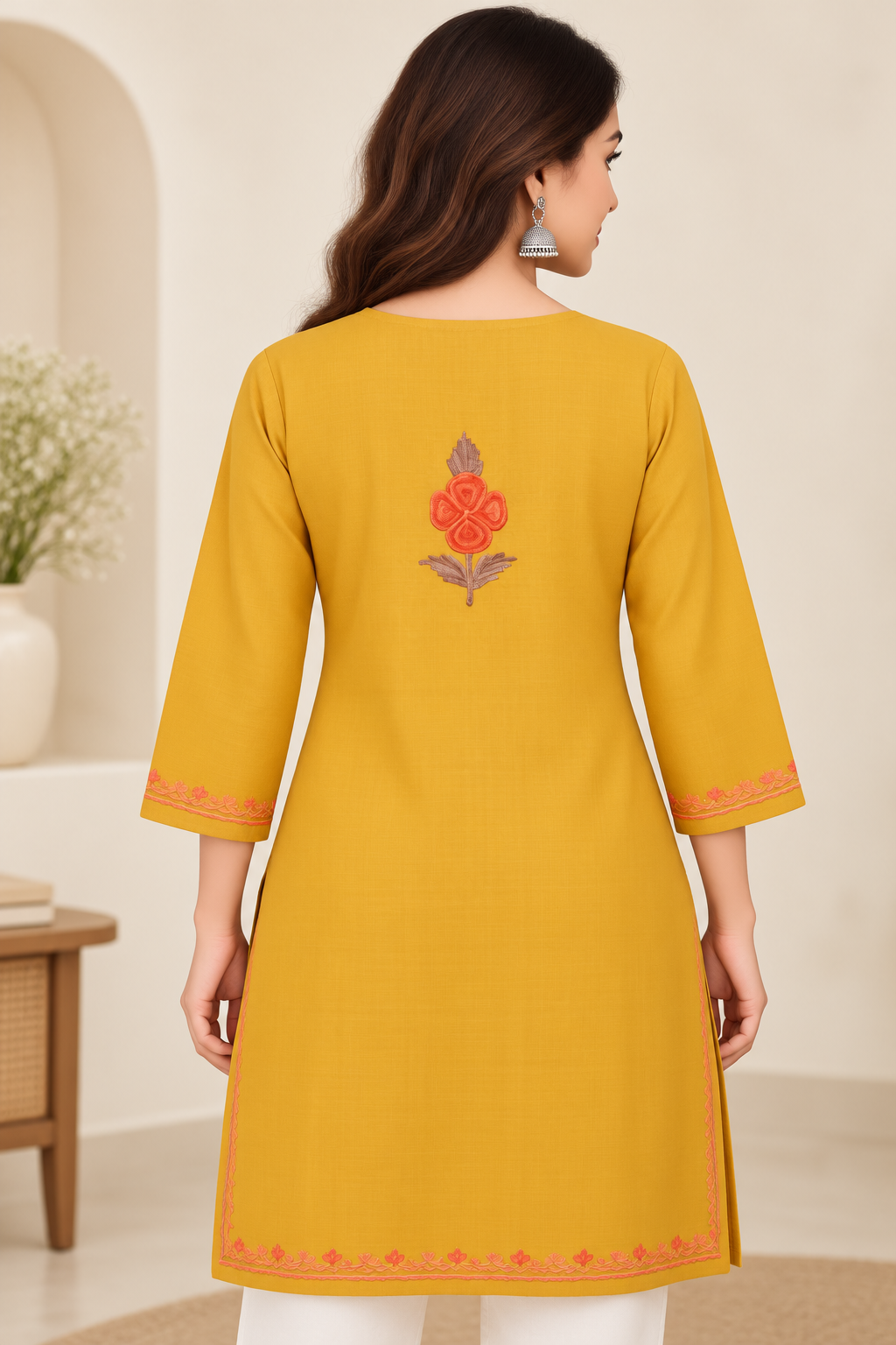 Mustard Aari Work Long Kurti – Summer Tops