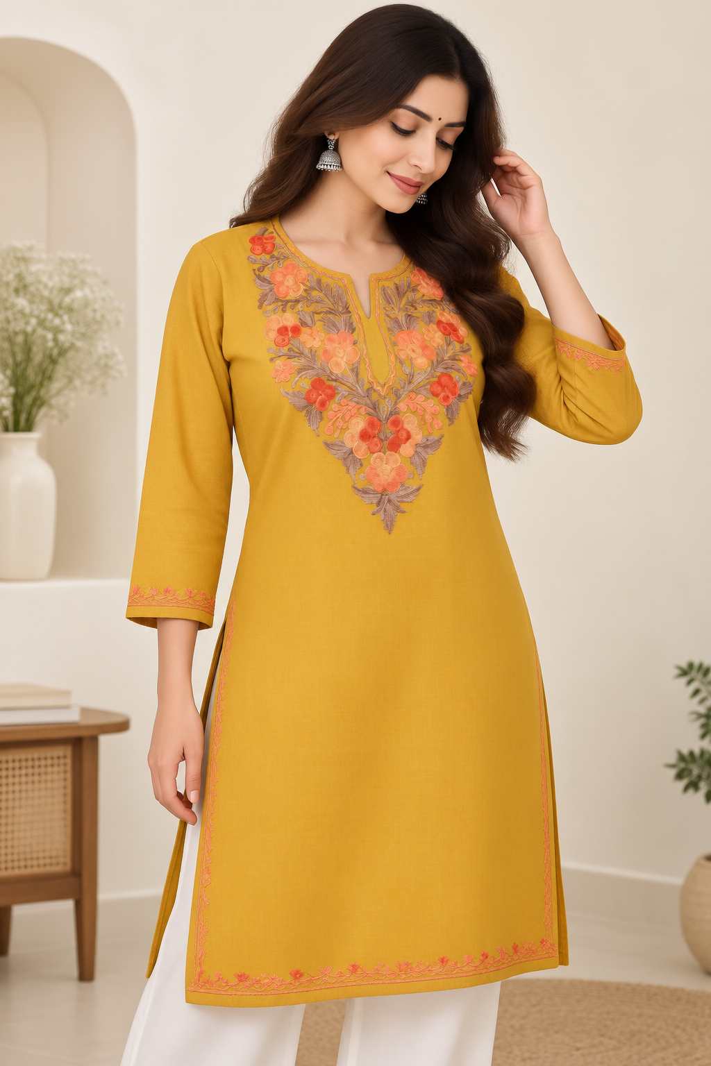 Mustard Aari Work Long Kurti – Summer Tops