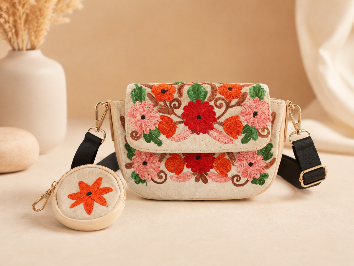 Beige Pink Aari Work Sling Bag